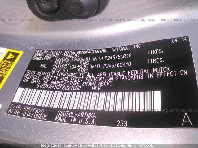 5TDZKRFH5ES021868 - 2014 TOYOTA HIGHLANDER LE/LE PLUS GRAY photo 9