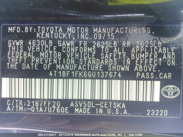 4T1BF1FK6GU137674 - 2016 TOYOTA CAMRY LE/XLE/SE/XSE BLACK photo 9
