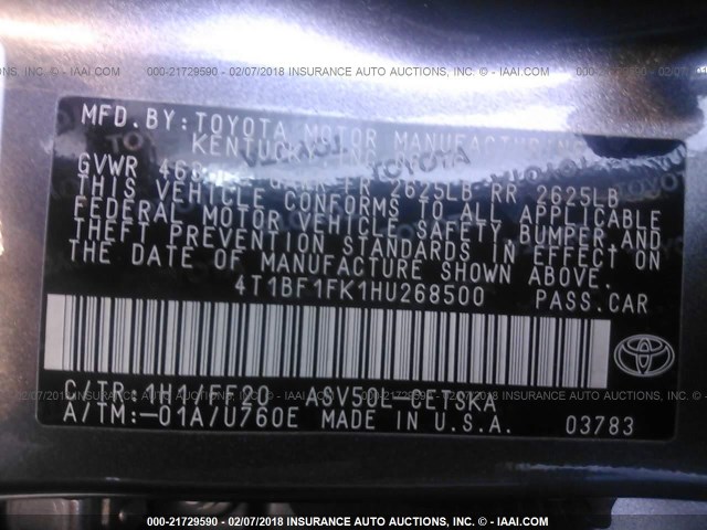 4T1BF1FK1HU268500 - 2017 TOYOTA CAMRY LE/XLE/SE/XSE ნაცრისფერი ფოტო 9