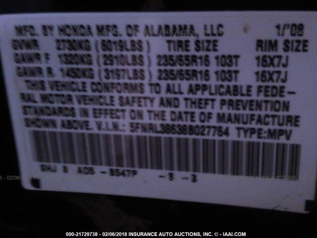 5FNRL38638B027764 - 2008 HONDA ODYSSEY EXL ლურჯი ფოტო 9