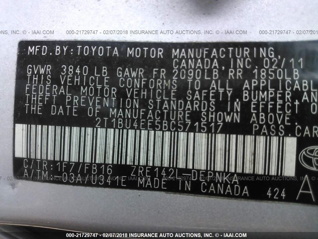 2T1BU4EE5BC571517 - 2011 TOYOTA COROLLA S/LE SILVER photo 9