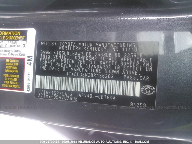 4T4BF3EK2BR156203 - 2011 TOYOTA CAMRY SE/LE/XLE GRAY photo 9