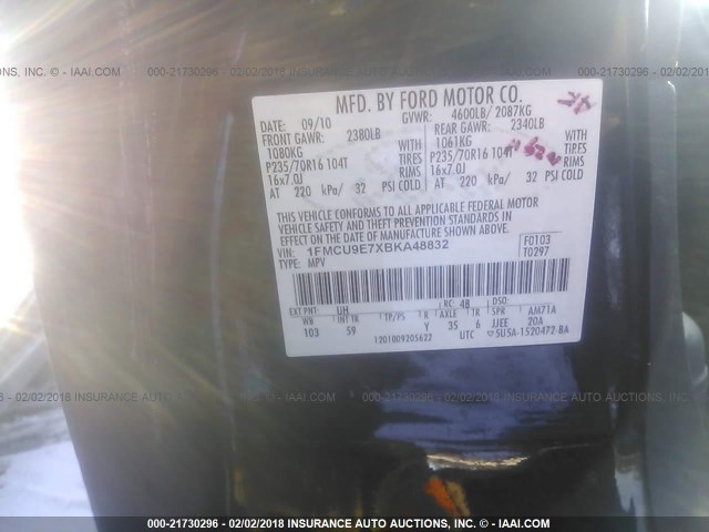 1FMCU9E7XBKA48832 - 2011 FORD ESCAPE LIMITED BLACK photo 9