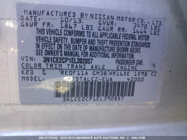 3N1CE2CP1EL392857 - 2014 NISSAN VERSA NOTE S/S PLUS/SV/SL SILVER photo 9