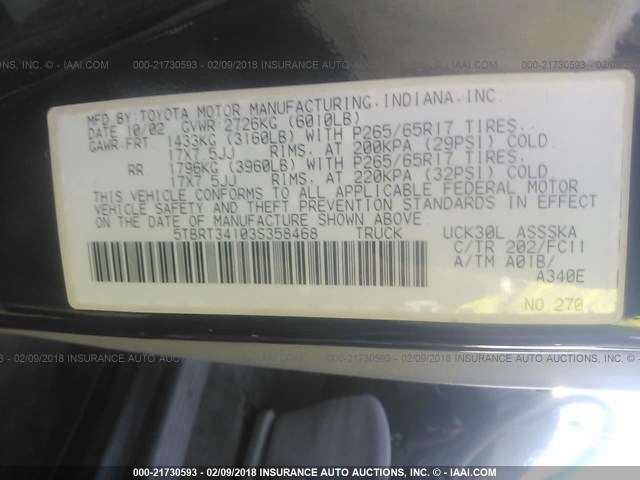 5TBRT34103S358468 - 2003 TOYOTA TUNDRA ACCESS CAB SR5 BLACK photo 9