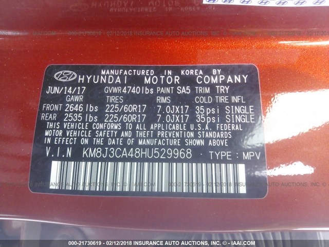 KM8J3CA48HU529968 - 2017 HYUNDAI TUCSON LIMITED/SPORT AND ECO/SE ORANGE photo 9