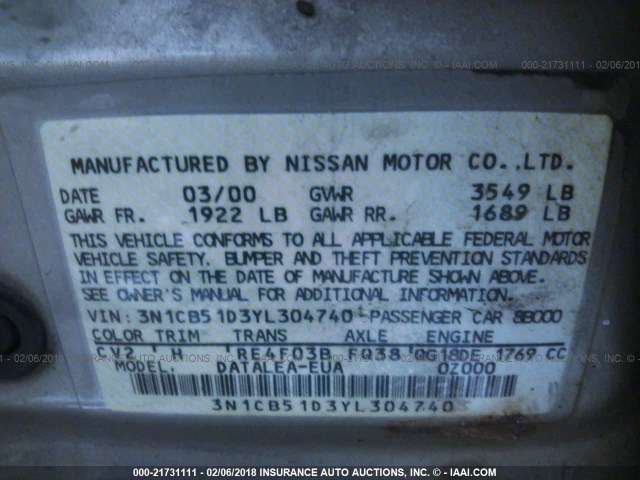 3N1CB51D3YL304740 - 2000 NISSAN SENTRA XE/GXE GOLD photo 9