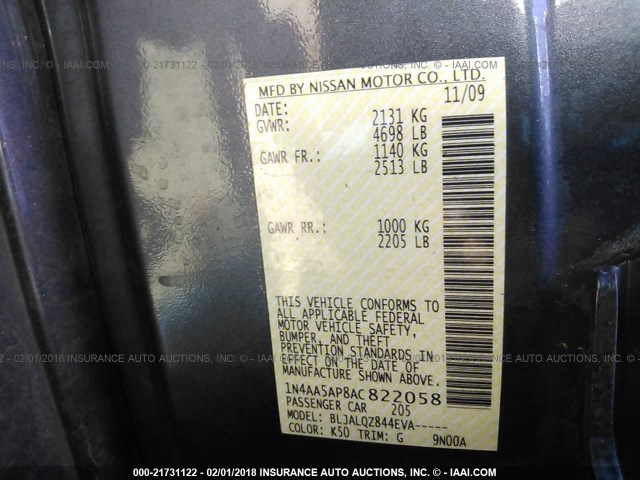 1N4AA5AP8AC822058 - 2010 NISSAN MAXIMA S/SV GRAY photo 9