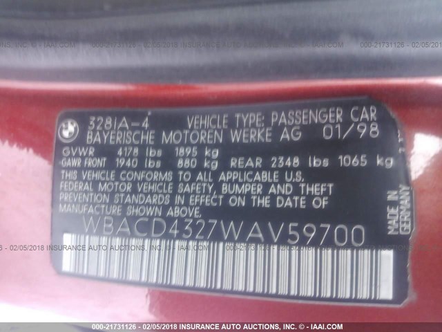 WBACD4327WAV59700 - 1998 BMW 328 I AUTOMATIC ORANGE photo 9