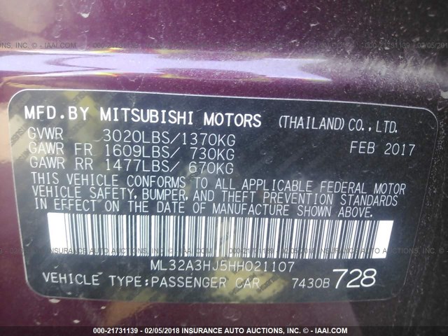 ML32A3HJ5HH021107 - 2017 MITSUBISHI MIRAGE ES PURPLE photo 9