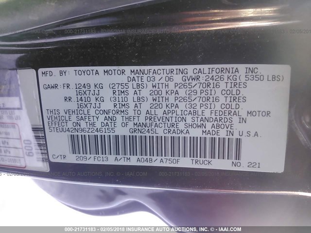 5TEUU42N96Z246155 - 2006 TOYOTA TACOMA ACCESS CAB Қара фото 9