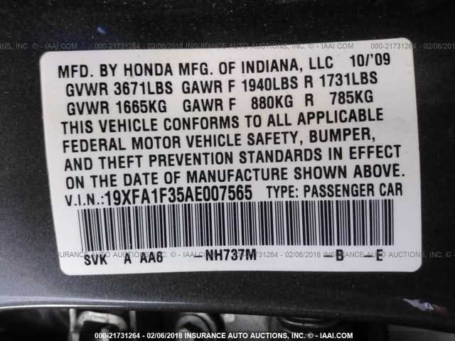 19XFA1F35AE007565 - 2010 HONDA CIVIC VP GRAY photo 9