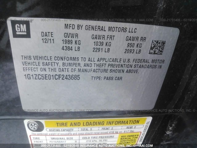 1G1ZC5E01CF243685 - 2012 CHEVROLET MALIBU 1LT 黑色 照片 9