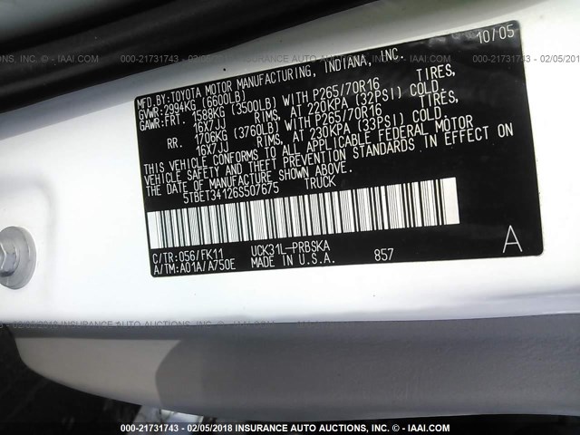 5TBET34126S507675 - 2006 TOYOTA TUNDRA DOUBLE CAB SR5 WHITE photo 9