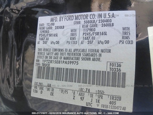 1FTZR15E81PA59975 - 2001 FORD RANGER SUPER CAB BLACK photo 9