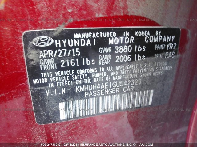 KMHDH4AE1GU542329 - 2016 HYUNDAI ELANTRA SE/SPORT/LIMITED RED photo 9