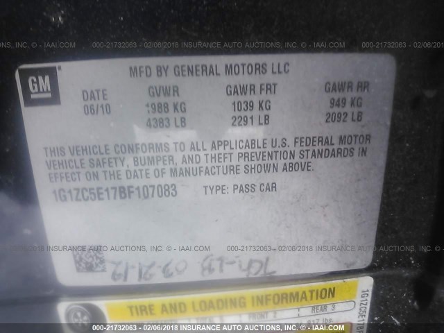 1G1ZC5E17BF107083 - 2011 CHEVROLET MALIBU 1LT 蓝色 照片 9