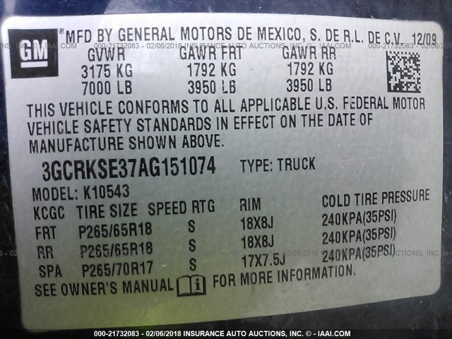 3GCRKSE37AG151074 - 2010 CHEVROLET SILVERADO K1500 LT Dark Blue photo 9