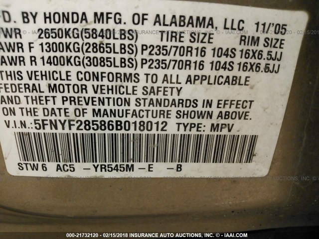 5FNYF28586B018012 - 2006 HONDA PILOT EX BEIGE photo 9