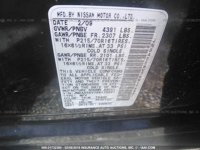 JN8AS58V79W178661 - 2009 NISSAN ROGUE S/SL BLACK photo 9