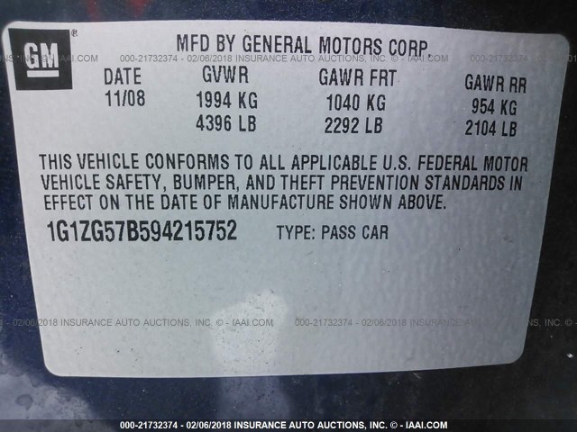 1G1ZG57B594215752 - 2009 CHEVROLET MALIBU LS 蓝色 照片 9