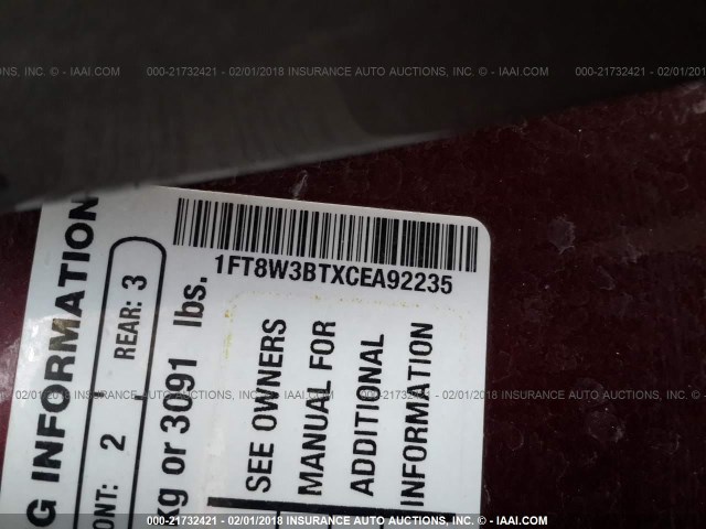 1FT8W3BTXCEA92235 - 2012 FORD F350 SUPER DUTY MAROON photo 9