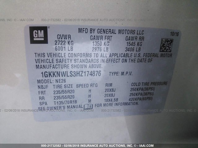 1GKKNWLS3HZ174876 - 2017 GMC ACADIA SLT-2 TAN photo 9