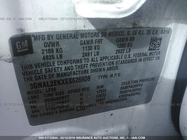 3GNAL2EKXES626938 - 2014 CHEVROLET CAPTIVA LS 白色 照片 9