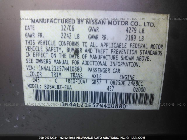 1N4AL21E57N410880 - 2007 NISSAN ALTIMA 2.5/2.5S GOLD photo 9