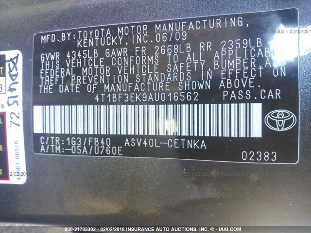 4T1BF3EK9AU016562 - 2010 TOYOTA CAMRY SE/LE/XLE GRAY photo 9