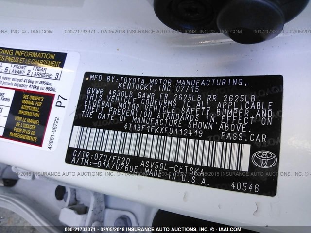 4T1BF1FKXFU112419 - 2015 TOYOTA CAMRY LE/XLE/SE/XSE WHITE photo 9