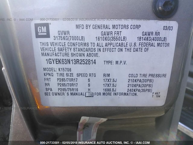 1GYEK63N13R252814 - 2003 CADILLAC ESCALADE LUXURY Gümüş foto 9