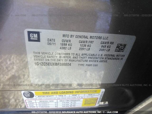 1G1ZC5EUXBF398804 - 2011 CHEVROLET MALIBU 1LT 灰色 照片 9