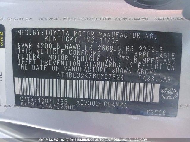 4T1BE32K76U707524 - 2006 TOYOTA CAMRY LE/XLE/SE ვერცხლისფერი ფოტო 9