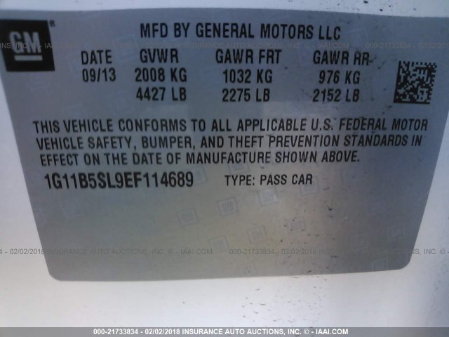 1G11B5SL9EF114689 - 2014 CHEVROLET MALIBU LS 白色 照片 9