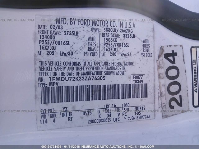 1FMDU72K33ZA76305 - 2003 FORD EXPLORER XLS/XLS SPORT WHITE photo 9