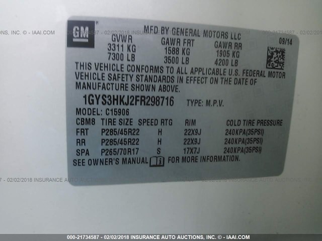 1GYS3HKJ2FR298716 - 2015 CADILLAC ESCALADE ESV LUXURY WHITE photo 9