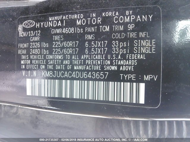 KM8JUCAC4DU643657 - 2013 HYUNDAI TUCSON GLS/LIMITED 黑色 照片 9