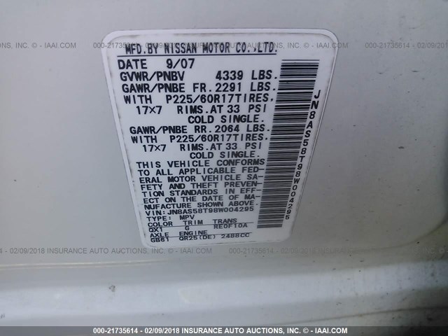 JN8AS58T98W004295 - 2008 NISSAN ROGUE S/SL WHITE photo 9