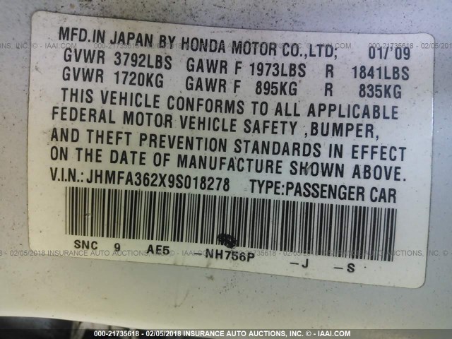 JHMFA362X9S018278 - 2009 HONDA CIVIC HYBRID WHITE photo 9