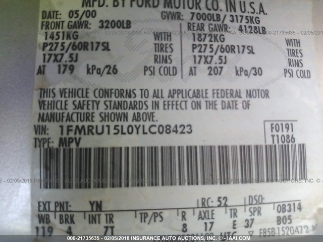 1FMRU15L0YLC08423 - 2000 FORD EXPEDITION XLT 银色 照片 9