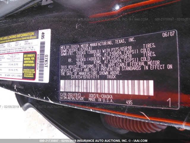 5TFRT54197X011711 - 2007 TOYOTA TUNDRA DOUBLE CAB SR5 BLACK photo 9