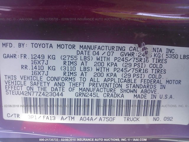 5TEUU42N77Z423044 - 2007 TOYOTA TACOMA ACCESS CAB Rot Foto 9