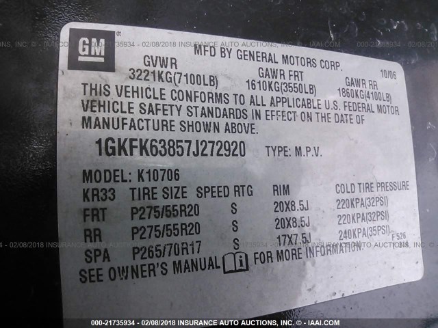 1GKFK63857J272920 - 2007 GMC YUKON DENALI BLACK photo 9