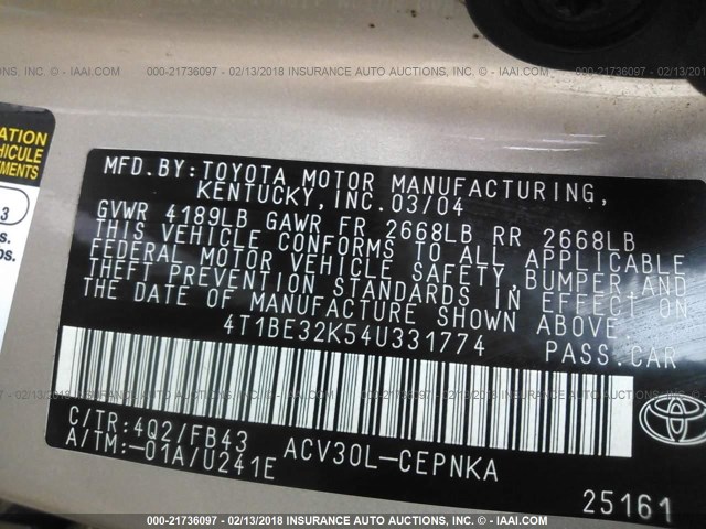 4T1BE32K54U331774 - 2004 TOYOTA CAMRY LE/XLE/SE 金色 照片 9