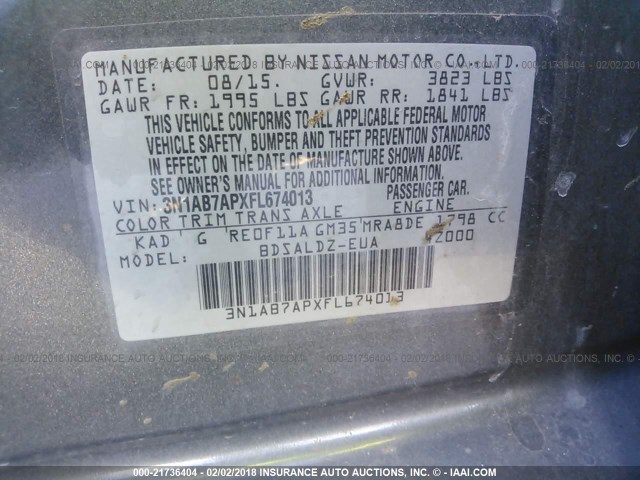 3N1AB7APXFL674013 - 2015 NISSAN SENTRA S/SV/SR/SL GRAY photo 9