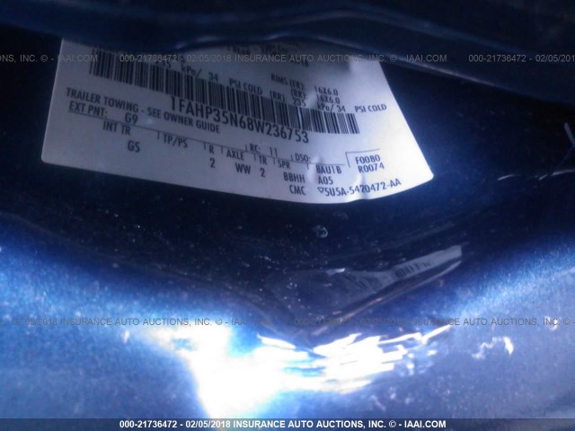 1FAHP35N68W236753 - 2008 FORD FOCUS SE/SEL/SES BLUE photo 9