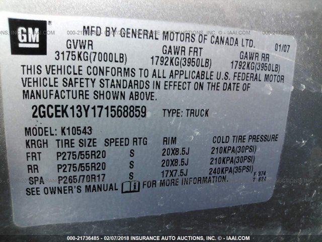 2GCEK13Y171568859 - 2007 CHEVROLET SILVERADO K1500 CREW CAB GRAY photo 9