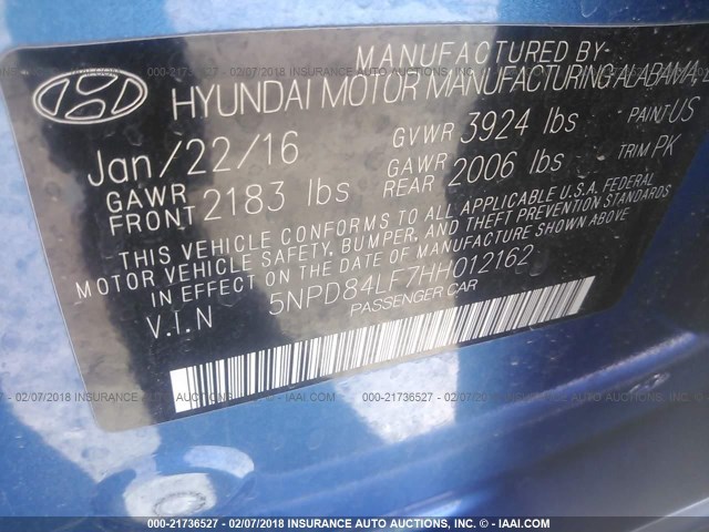 5NPD84LF7HH012162 - 2017 HYUNDAI ELANTRA SE/VALUE/LIMITED BLUE photo 9