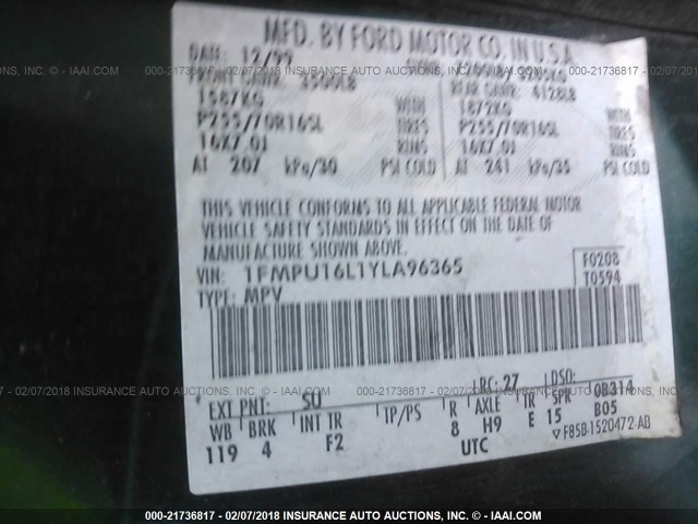 1FMPU16L1YLA96365 - 2000 FORD EXPEDITION XLT Yaşıl foto 9